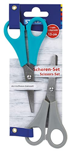 Stylex 42728 - Scheren-Set für Kinder, 2 Bastelscheren aus rostfreiem Edelstahl, eine mit spitzer und eine mit abgerundeter Klinge, je ca. 13 cm lang, bedruckt mit cm Einteilung