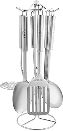 Karaca Chef 7-Teiliges Service-Set, Nudellöffel, Sieb, Spachtel, Schöpfkelle, Service-Löffel, Kartoffelstampfer, Service-Set-Ständer, Edelstahl 18/10, Langlebig, Glänzend, Gesund