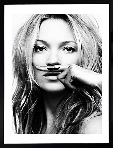 Brookpace Fine Art Kate Moss Moustache Fashion Black and White Framed Wall Art 53 x 43cm | Bedroom Poster Living Room Print Home Decor