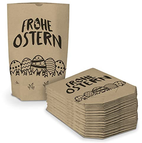 itenga 40 Stück bedruckte Ostertüten zum Befüllen braun 17 x 26 cm Motiv Ostereier Geschenktüte Ostern Osternest