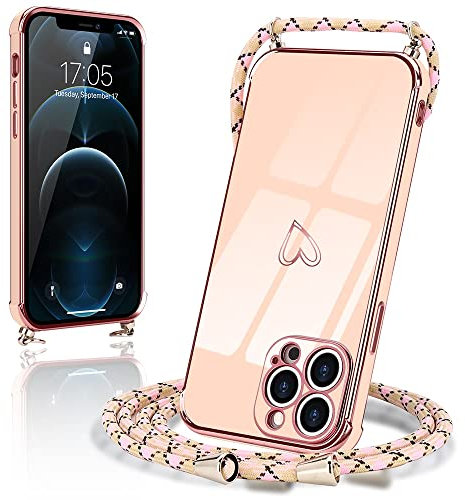 Micoden Handykette kompatibel mit iPhone 12 Pro Max hülle Ultra dünn Kameraschutz Herz Love Design Galvanik TPU Silikon Bumper Kordel zum Umhängen Handyhülle mit Band Schutzhülle,Rosa