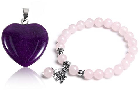 Soulnioi Natual Healing Crystal Neckalce Pendant 20MM Heart-Shape Stone Charm for DIY Jewelry Making (Purple Jade) and Crystal 8mm Beaded Bracelet with Silver Elephant Pendant (Rose Quartz)