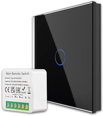 Funk Touch Lichtschalter zum Nachrüsten für Lampen ohne Schalter, Fernbedienung, RF433, Keine Verkabelung Erforderlich, SmartHome Funkschalter mini Modul UP (Set Empf.+Lichtsch. 1-Fach Schwarz)