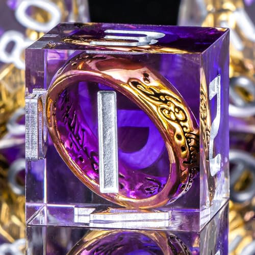 OUKELANWO Magic Lord Rings DND Dice Set with Box, 7Pcs LOTR D&D Dice Set for Role Playing Game, Purple Polyhedral Sharp Edge Resin Dice D20 D12 D10 D8 D6 D4