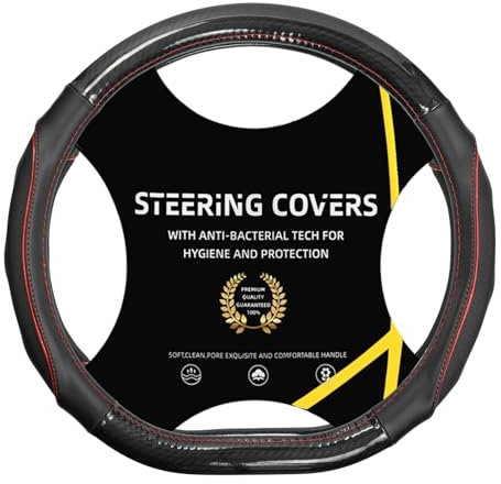 AUTOXBERT Auto Lenkradbezug Kohlefaser Leder D-Form Lenkradhülle Universal Lenkrad Abdeckung Schwarz mit roter Linie Ø38 cm 15 Zoll Lenkradschoner Anti-Rutsch Atmungsaktiv Lenkradschutz