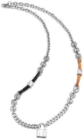COOLSTEELANDBEYOND Serratura Pendente Collana da Uomo Donna, Acciaio Inossidabile Catena e Cordino in Cotone