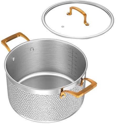 Homaz life Stock Pot with Lid, Tri-Ply Stainless Steel Hammered Kitchen 8 Quart Pot, Induction Compatible, Dishwasher and Oven Safe, Non-Toxic