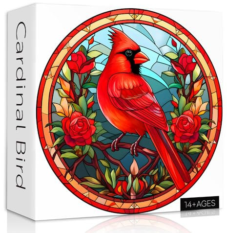 Buntglas-Puzzle, Vogel-Puzzles für Erwachsene, 1000 Teile, rundes Kardinalvogel-Blumen-Puzzle, unmöglich, harte Herausforderung für Erwachsene, buntes Buntglas-Puzzle als Wandkunst-Dekor