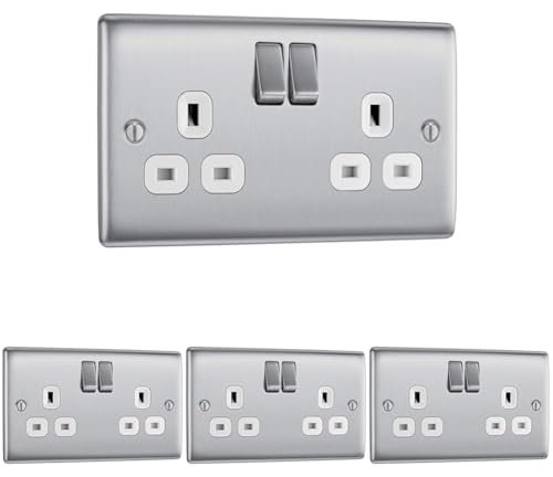 BG Electrical NBS22W-01 Double Switched Power Socket with White Inserts, Brushed Steel, 13 Amp (Pack of 4)