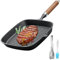 Grillpfanne quadratisch, 24cm Steakpfanne aus Gusseisen mit Holzgriff, Steakpfanne mit Steakklammern und Ölpinsel, Gusspfanne Eckig geeignet für Gasgrill Backofen Feuerstelle Induktion(Schwarz)