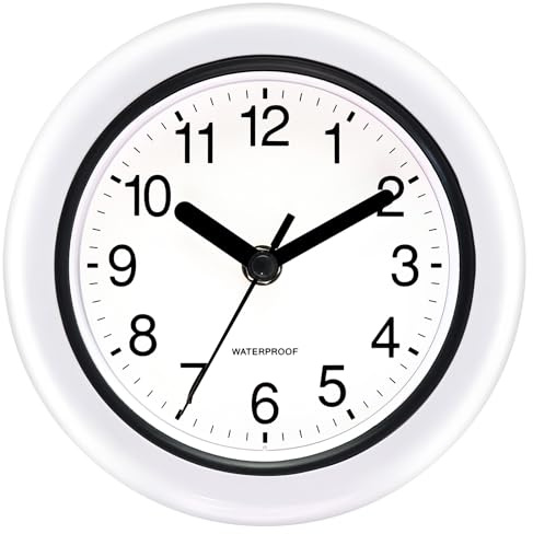 Caysie 16,5 cm versiegelte kleine Uhr für drinnen und draußen, wasserdicht, hängend oder stehend, leise, batteriebetriebene Wanduhren für Pool, Terrasse, Badezimmer, Dusche (weiß)