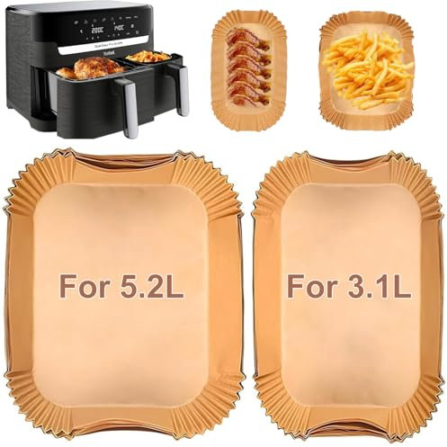 VIKKI Airfryer Lot de 100 feuilles de cuisson pour friteuse à air chaud Tefal EY9018 Dual Easy Fry 5,2/3,1 l, pour friteuse à air chaud Philips Airfryer série 3000 6L/3L EY905D 5,2/3,1 l, grand et
