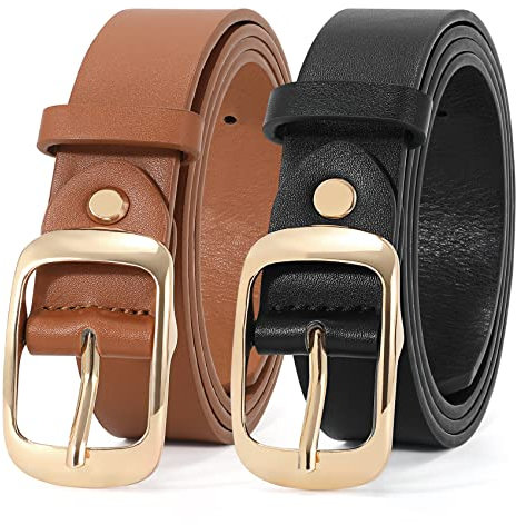 WHIPPY 2er-Pack Damen-Ledergürtel in Übergröße, modischer Rindsleder-Taillengürtel mit solider Dornschließe für Jeans-Hosen-Kleid,schwarz + braun 100cm