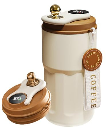 AMFUN Café a Prueba de Fugas Taza de Viaje, Marrón Taza Vaso Termo Cafe, Temperatura Smart Thermal Taza, Taza Aislada Inteligente Portátil de inox, para Café Frío y Caliente, Leche y Té