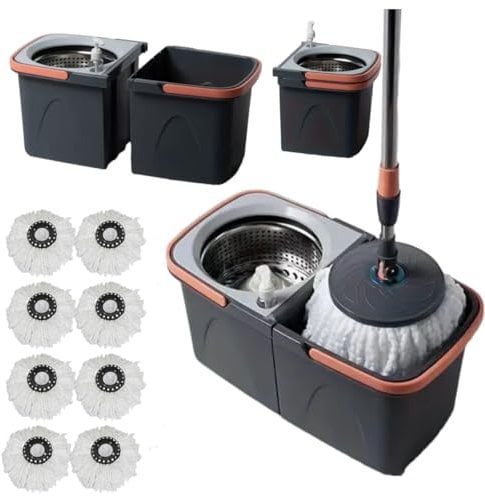 *NEW* SWISSPACK Revolving Spin Mop and Bucket With .4. Extra Pads Perfect For Easy Cleaning. Clean and Dirty Water Separtered For Perfect Finish (ORANGE-GREY) (ORANGE/GREY 8 PADS)