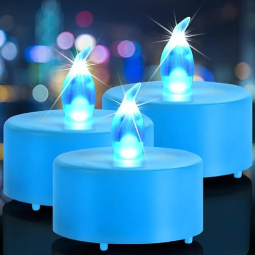 Nancia 24 Pack Battery Operated Flameless LED Tea Lights Candles, Realistic Bright Flickering Electric Tea Lights Candles, Tin Durable 200 Hours Weddings, Parties, Festival Decorations, Blue