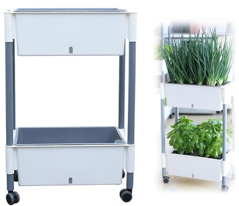 Hochbeet,Vertikalbeet mit Rollen 2 Etagen Blumenkasten Gemüsebeet Kräuterbeet Kunststoff Pflanztisch Selbstbewässerndes Pflanzkasten für Terrasse Balkon Wintergarten Garten (2 Etagen)