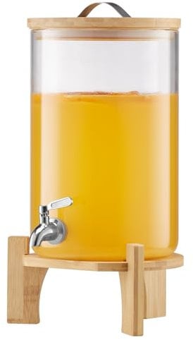 VEVOR Getränkespender (1 x 8 L) für Partys Saftspender (aus Glas) mit tropfsicherem Zapfhahn & Holzständer, Wasserspender für Restaurants Partys, Limonade Eistee selbstgemachte Getränke Spender
