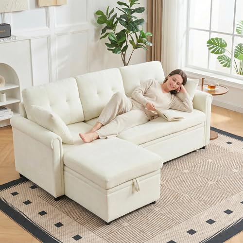 Naptly Ecksofa mit Bettfunktion für Wohnzimmer und Gästezimmer Sofa mit Chaiselongue als Flexibles Relaxsofa mit großem Stauraum Weichem Samtstoff Beige