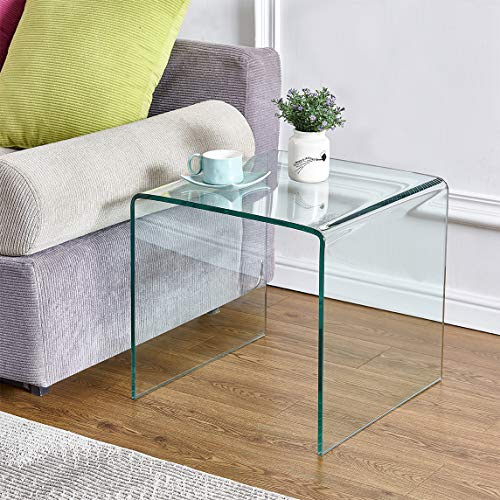 FENGHUA GLASS HOME Transparentes Glas Beistelltisch, Moderner U-Tisch für Sofa, Minimalistischer Couchtisch, Nachttisch für Wohnzimmer, Schlafzimmer, 12mm Gehärtetes Glas