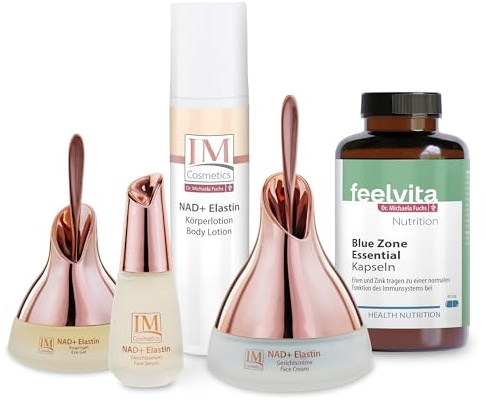 Genius Feelvita IM Cosmetics NAD+ Elastin Inside-/Out Set 5-tlg. mit Anti‑Aging Gesichtscreme & Serum, Augengel, Körperlotion & Blue Zone Essential Kapseln (90 Stück)- für sichtbar straffere Haut
