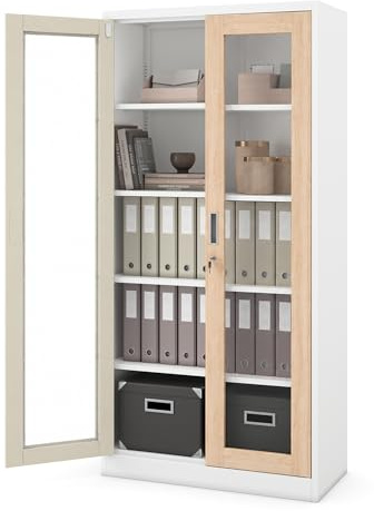 Jan Nowak Metallschrank mit Vitrine, Aktenschrank Büroschrank 185x90x40 cm | Vitrinenschrank und Glasschrank abschließbar für 50 Ordner, 4 verstellbare Fachböden je 50 kg, Dreipunktschloss, Stahl 0,6 mm