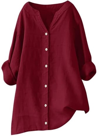 FlutVolt kvinnors muslinblus, sommar lång linneblus, lätt bomull långa blusar, t-shirt, plus size skjortblusar, eleganta linnetoppar, t-toppar, vardaglig enfärgad tunika, 02 Vin, XL