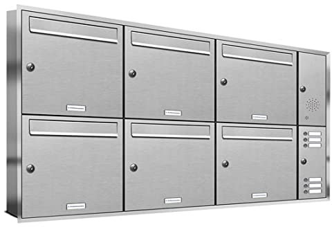 AL Briefkastensysteme, 6er Unterputzbriefkasten, Briefkasten mit Klingel, 6 Fach, Briefkastenanlage modern, rostfrei Edelstahl Postkasten