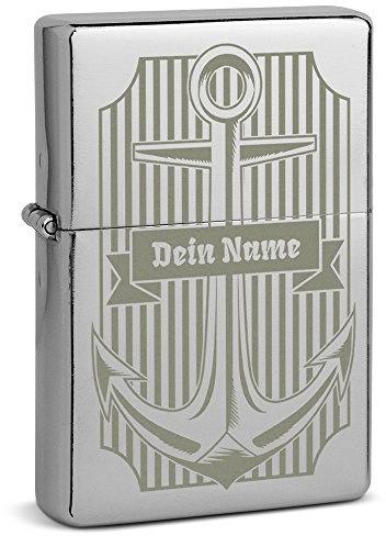PhotoFancy® - Graviertes Sturmfeuerzeug Set mit eigenem Namen - Layout Anker - Benzinfeuerzeug mit Gravur inkl. Metall-Geschenkdose