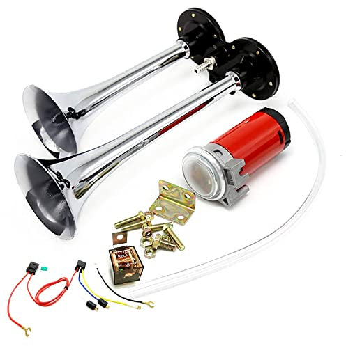 Dhuile Auto Horn 12 V 150dB Air Horn, Doppelrohr Horn, Chrom Zink Dual Trumpet Air Horn mit Kompressor für jeden 12 V Fahrzeuge LKW LKW Boote Cars Vans Züge