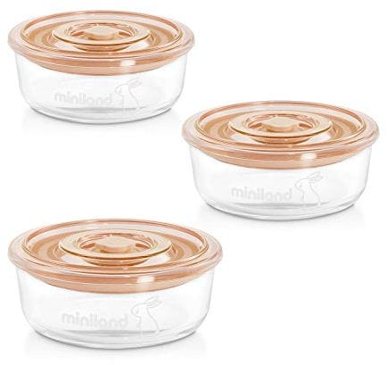 Miniland - Set 3 Naturround - Set de 3 herméticos de vidrio de 300ml para alimentos.