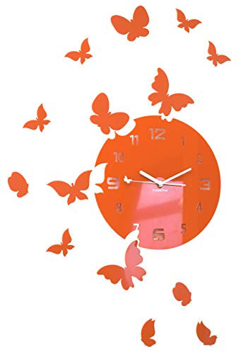 FLEXISTYLE Große Moderne Wanduhr Schmetterling rund 30cm, 15 Schmetterlinge, Wohnzimmer, Schlafzimmer, Kinderzimmer, Produkt in der EU hergestellt (Orange)