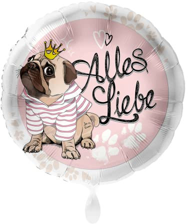 Premioloon Folienballon Herzform Rund XXL Verschiedene Anlässe ungefüllt Ballongas geeignet Motiv Mops Alles Liebe Ø 45cm