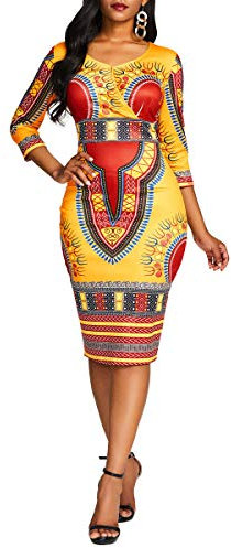 VERWIN Mid-Calf V Neck Three Quarter Sleeve Print Women's Bodycon Dress African Midi Dress L Ochre