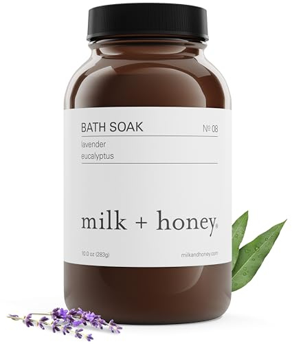 Milk + Honey Calming Bath Soak No. 8 – Moisturizing Epsom Salt with Lavender & Eucalyptus – Relaxing Aromatherapy Soak for Sore Muscles, Dry Skin & Stress Relief – 10 oz