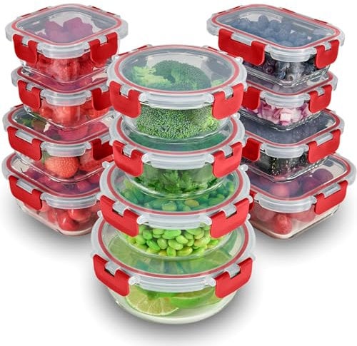 FineDine - Glass Storage Containers with Lids, 24 Piece, Leakproof, Dishwasher Safe, Food Storage Containers for Meal Prep or Leftovers,
