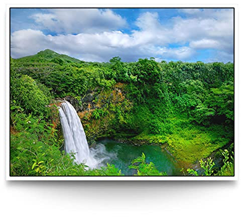 BilderKing Wandbild Wasserfall Hawaii - 200cm x 150cm Leinwand auf 2cm Keilrahmen mit Schattenfugenrahmen weiß