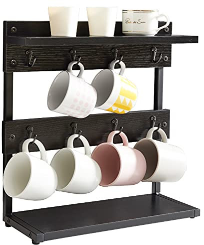 IBUYKE Rustic Coffee Mug Holder Stand, 2 Tier Countertop Mug Tree Holder Rack with Storage Base, Vintage Mug Holders for Kitchen, Holds 8 Mugs, Black TBJ002B