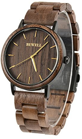 BEWELL Herren Handgemachte Hölzerne Armbanduhr Mode Minimalistisch Schlank Analog Quarzuhr für Männer Jungen(Walnussholz)