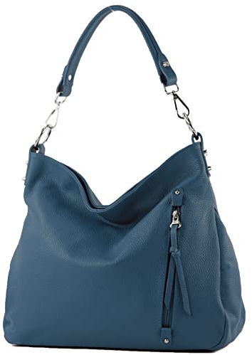 modamoda de T183 Damen Schultertasche Handtasche Tragetasche Echtleder Groß handmade in Italy, Farbe:Saphirblau