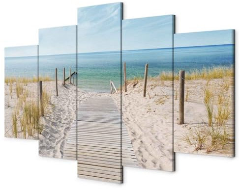 B&D XXL - Tableau Acoustique Paysage 100x50 cm 5 Parties - Décoration Murale Anti-Bruit Isolation Phonique Bureau Chambre Panneau Insonorisant Impression sur Toile - Mer Plage c-B-0051-b-n