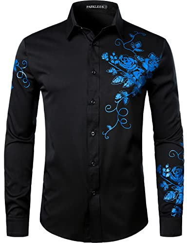 PARKLEES Men's Hipster Rose Floral Print Design Slim Fit Long Sleeve Button Up Party Dress Shirt Black Royal M