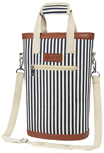 opux Two Bottle Wine Bag Carrier Tote, Insulated Leakproof 2 Bottle Wine Cooler Bag for Travel BYOB Picnic, Portable Wine Case, Gift for Men Women Wine Lover Birthday Party Christmas, Navy Stripes