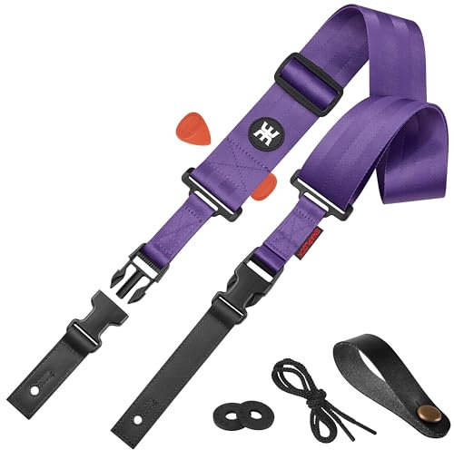 Amumu Nylon Gitarrengurt, Schnellverschluss-Schnalle & Premium Leder Enden, Verstellbare Länge 40 bis 64 für E-Gitarre, Akustikgitarre & Bass, mit Gurtblöcken & Kopfplatte