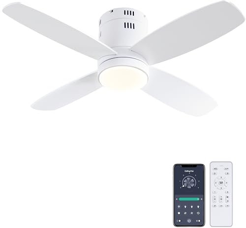 Ohniyou Ceiling Fan with Lights - 38'' Small Low Profile Ceiling Fans Remote & APP Control - Dimmable Indoor Outdoor Quiet DC Flush Mount Ceiling Fan for Patio Kitchen Dining Room Bedroom(White)
