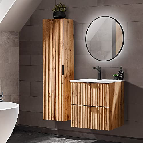 Lomadox Badezimmer Badmöbel Set 60 cm Waschtisch mit Unterschrank Wotaneiche Rillenoptik, Keramik Waschbecken, LED-Spiegel rund, Hochschrank
