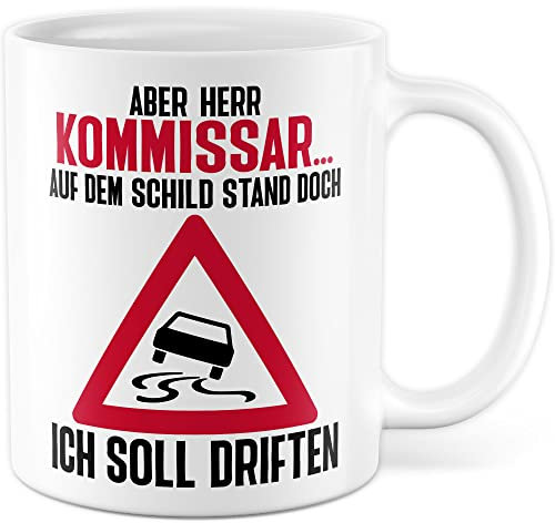 Auto Tasse lustig Driften Kaffeetasse Autoliebhaber Geschenk Sportwagen Witz Kaffee-Becher Autofan Geschenkidee Burnout Straßenschild Motiv Kommissar (Weiß)