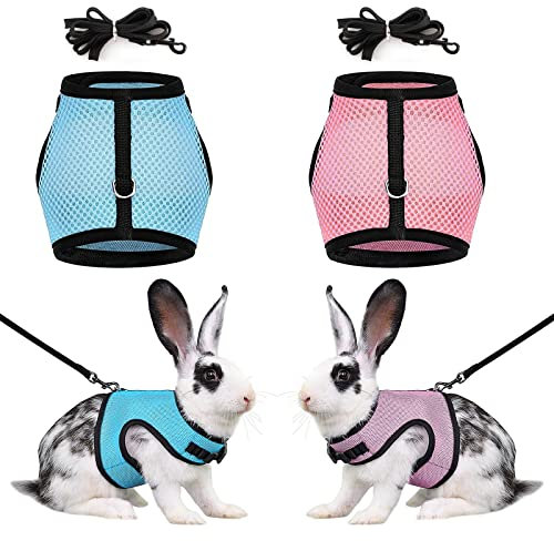 2 Stück Haustier Geschirr und Leine für Kaninchen, Verstellbares Hasengeschirr, Mesh Kaninchen Geschirr, Leine Weiches Geschirr für Kaninchen, für Kleintier Hase Hamster Katze Outdoor (Blau, Rosa)