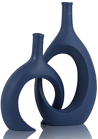 Blaue Keramikvase, 2er-Set, moderne marineblaue Vase für Esstisch, Tafelaufsätze, Bauernhaus- und Heimdekoration, Büro-Trennwände, Kaminsims, Eingangsdekoration