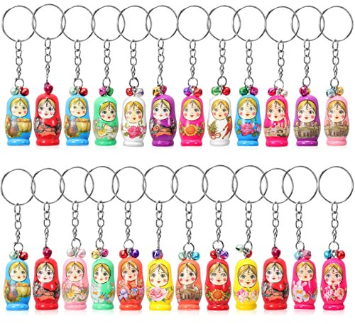 Gadpiparty 24 Stück Russische Matroschka-Puppen-Schlüsselanhänger Mit Kleinen Glöckchen - Mini-Holz-Anhänger Spielzeug